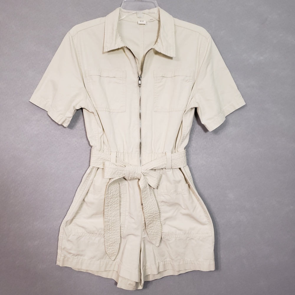 Gap Womens 8 Petite Romper Beige Utility Safari Zip Front Short Sleeve Belted